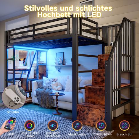 Lit mezzanine 90x200 cm fer noir,rangements,marches intégrées,rampe sécurité,LED,espace ouvert sous le lit,cadre solide,sans matelas