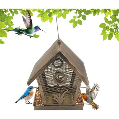 Mangeoire à Oiseaux Suspendue en Métal Distributeur de Graines Étanche pour Jardin Extérieur Style Lanterne Rétro avec Perchoir (1/5)