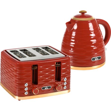 3000W 1.7L Rapid Boil Kettle & 4 Slice Toaster, Kettle and Toaster Set with 7 Browning Controls and Crumb Tray, Red