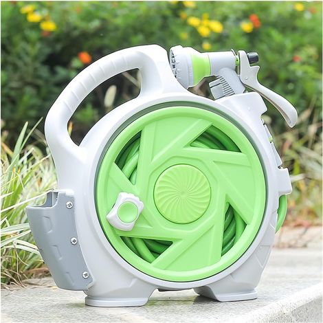 Enrouleur de tuyau d'arrosage –Rangement rapide-14 m avec 7 jets – Poignée ergonomique– Pour jardin, balcon et garage – Vert (1/4)