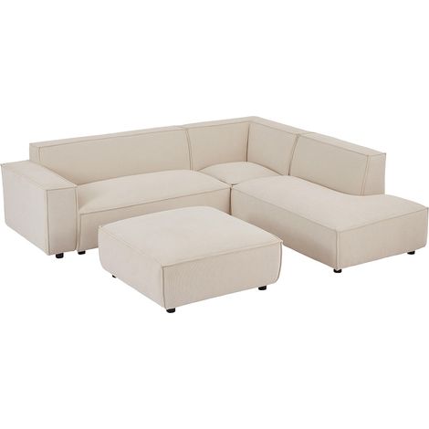 Grand canapé d'angle droit et pouf en velours côtelé beige BORORE (1/4)