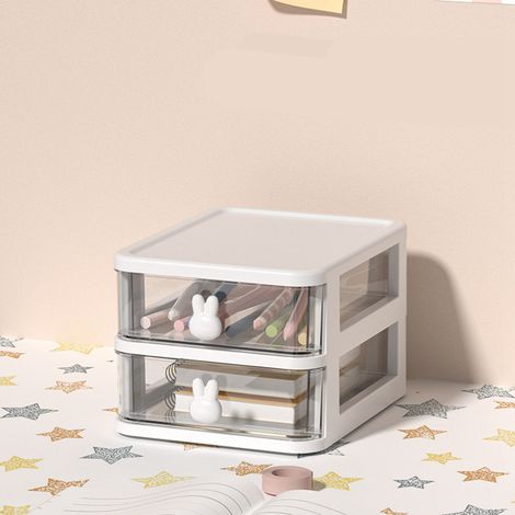 Boîte de Rangement Bureau Transparente Plastique 2 Étagères Grande Capacité Poignée Lapin Tiroir Organisateur Fournitures Stylo Livre Blanc 13,4x17x11cm (1/4)