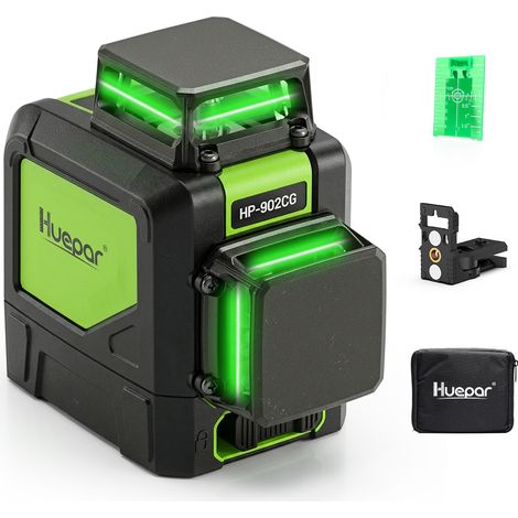 Huepar 902CG 2 x 360 Niveau Laser Croix Vert, Ligne Laser Auto-nivellement Commutable Laser Lignes de 360 degrés avec Mode Pulsé Extérieur, Distance de Travail 25m, Support Magnétique Incluse (1/5)