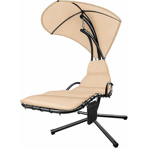 Sdraio A Dondolo Con Ombrellone Parasole Integrato E Cuscino Imbottito Ergonomica Amaca Da Giardino In Acciaio E Poliestere Per Esterno Terrazzo Bordo Piscina 195 x 132 x 197 Cm Beige (1/5)