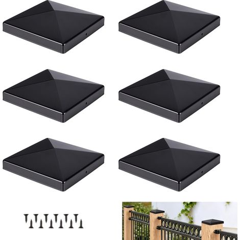 6 Pcs Capuchon de Poteau de Clôture en Aluminium, 14.5x14.5cm Cache Poteau Pyramidal en Aluminium Robuste avec Vis pour Poteaux de Clôture Terrasse Ou Allée en Bois, Noir (1/5)
