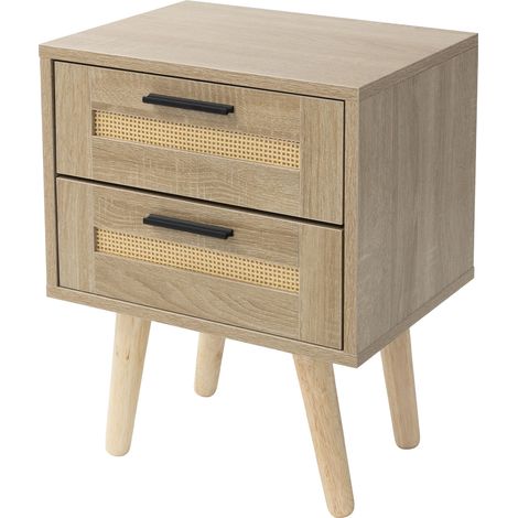 ML-Design Mesita de Noche con 2 Cajones 40x50,5x30 cm Mueble Estilo Rústico de Madera aspecto de Roble y Ratán, Armario con Patas para Salón, Comedor, Dormitorio, Cajonera Moderna Auxiliar para Cama