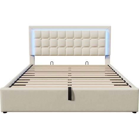 Cama doble tapizada 180x200 cm con somier, almacenaje y LED, blanca (1/5)