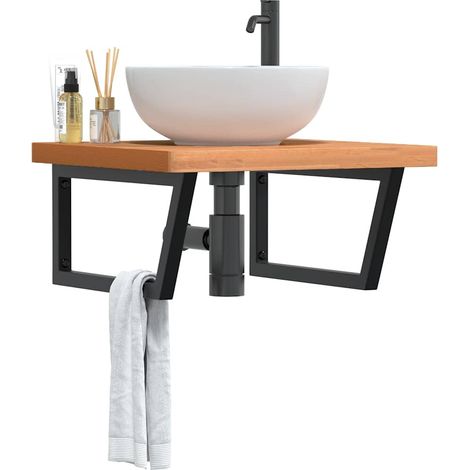 Waschbeckenregal Wandmontage Stahl und Massivholz Buche