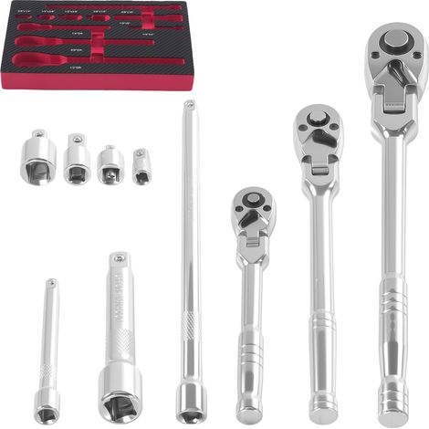 10PCS 1/4" 3/8" 1/2" Flex Head Ratchet Set 72T CRMO Extension Bars Adapters (1/5)