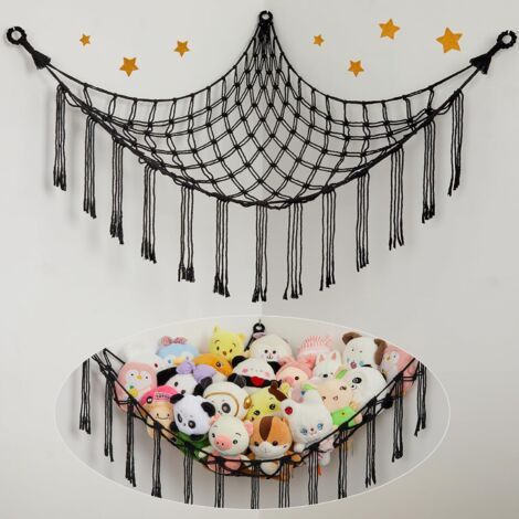 1 Hängematte zur Aufbewahrung von Spielzeug, Bohème-Hängematte für Plüschtiere, hängende Aufbewahrungshalterung für Kinderzimmer, schwarz