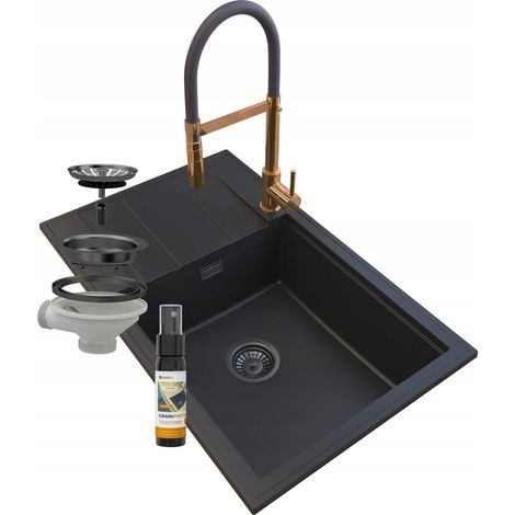 ÉVIER EN GRANIT NOIR ROBINET SIPHON LOUIS ROSEGOLD (1/5)