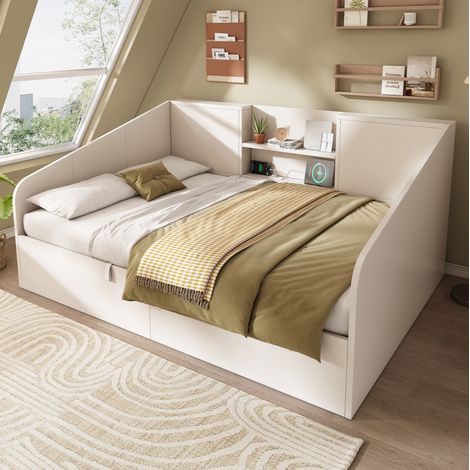 lit adulte rangement 140x190 avec USB bois blanc OKMYHOME