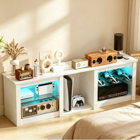 Meuble TV LED blanc avec 5 compartiments, 2 étagères en verre trempé réglables, éclairage USB 7 couleurs, pour téléviseur jusqu'à 70 pouces, 160 cm, CHICFURN (1/5)