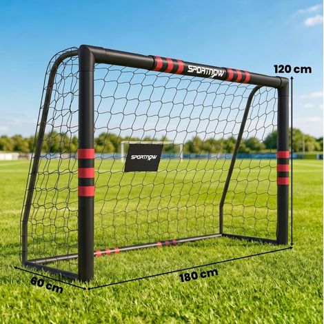 But de football extérieur 180 x 120 cm en métal, protection rembourrée, filet PE, noir et rouge (1/5)