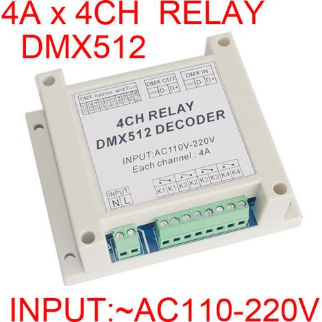 Décodeur DMX512 110-220V 4A, relais 4 canaux, pilote de LED DMX-RELAY-4CH-220