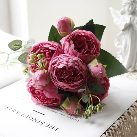 Bouquet De Fleurs Artificielles - Pivoines Artificielles En Soie - Décoration Mariage Fête Des Mères Bureau Maison - 1 Bouquet De 5 Têtes (1/2)