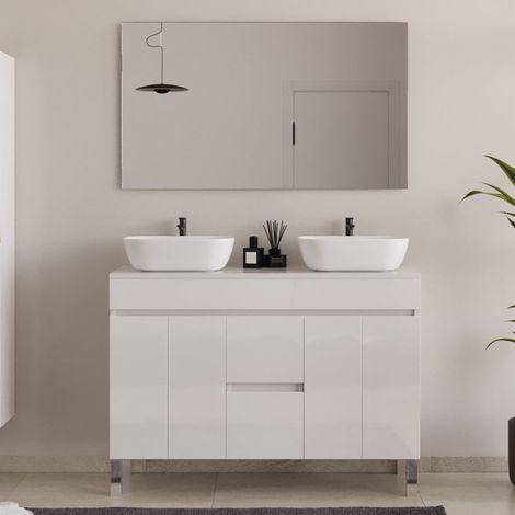 Meuble de salle de bain 120cm sur pieds avec plateau et deux cuves à poser arrondies - portes et tiroirs - blanc - HARO (1/5)