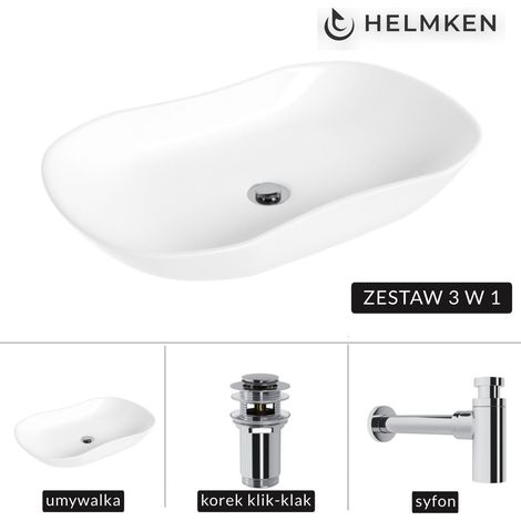 Lavabo à poser Helmken 57066000 (66 x 41 cm) Blanc + Siphon chromé + Bouchon clic-clac chromé (1/5)