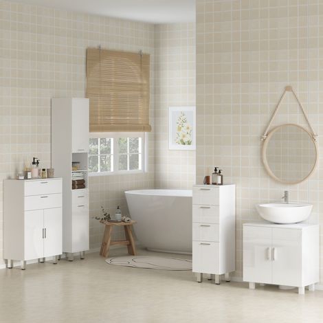 Meubles Auxiliaires Salle Bain Modernes Armoire Tiroir Étagères Réglables Placards Brillant Mobilier Intérieur Blanc 30x30x180cm