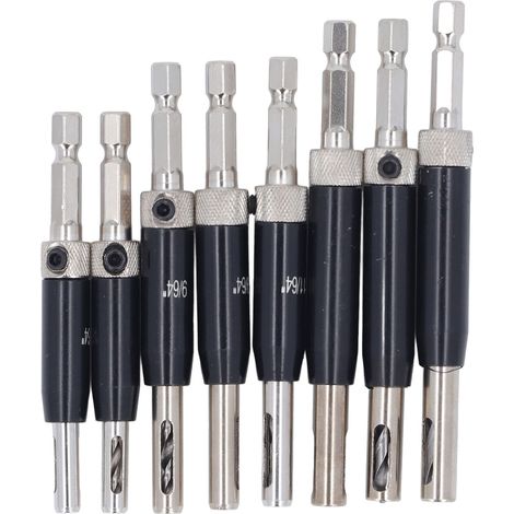 Set mit 8 selbstzentrierenden Scharnierbohrern, schwarzer Sechskantschaft, zum Bohren von Türen und Fenstern, professionelles Holzbearbeitungswerkzeug. (1/5)