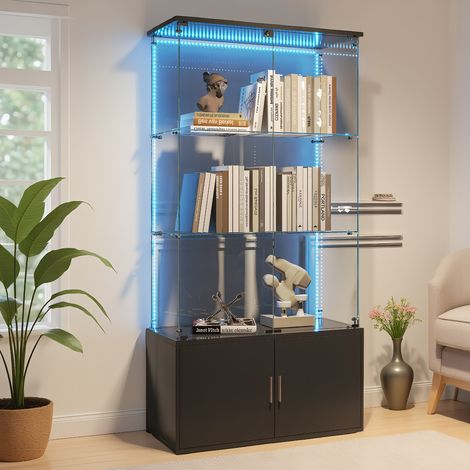 Vitrine en Verre avec Éclairage LED, Meuble Vitrines avec 2 Porte 3 étagères Verre et un meuble inférieur, Verre vitrines, pour chambre, salon et salle à manger, 78 x 35 x 164 cm, Noir (1/5)