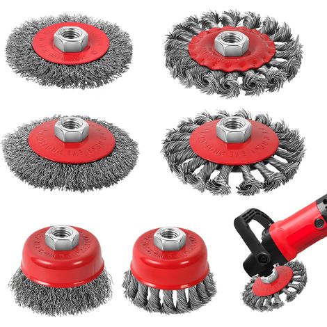 6 Pièces Brosse Metallique pour Perceuse Meuleuse D'angle, Brosse Métallique Meuleuse Diamètre 75 mm et 100 mm, avec Filetage M14, Brosse Meuleuse pour Dérouillage, Polissage et Nettoyage Métal (1/5)