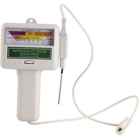 Analizador de calidad del agua para piscinas 2 en 1  Analizador de pH y cloro (Cl₂) con pantalla  Para jacuzzis, acuarios e hidroponía  Carcasa metálica de ABS blanco  Fuente de alimentación: 1 pila A (1/5)