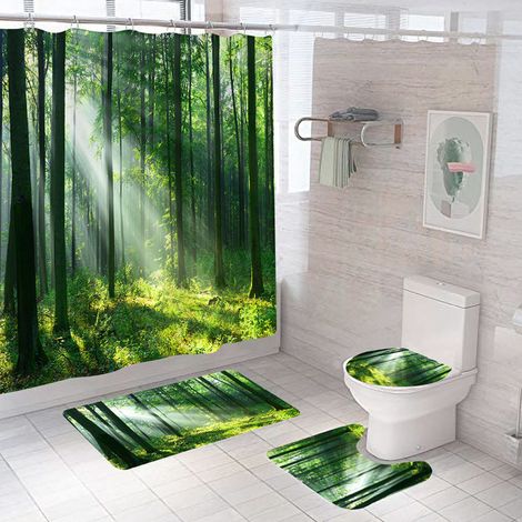 Juego de cortina de ducha de 4 piezas, diseño de bosque, amanecer en un bosque caducifolio a principios de otoño, imagen estacional de sotobosque silvestre, juego de decoración de baño de tela con gan (1/5)
