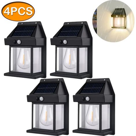 (4 pièces NOIR) 4 lampes solaires murales étanches à lumière chaude avec capteur, pour la décoration de jardin et d'extérieur (style campagne). (1/5)