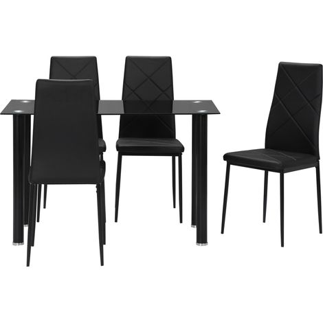 Set Tavolo da Pranzo con Piano in Vetro e 4 Sedie Imbottite in Finta Pelle Nero (1/5)