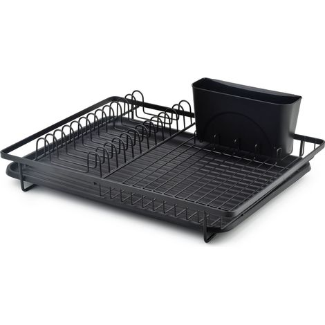 Scolapiatti da cucina multifunzionale in metallo nero, dimensioni 44 23 10 cm, portaoggetti per ciotole e piatti, ripiano singolo stretto nero (1/5)