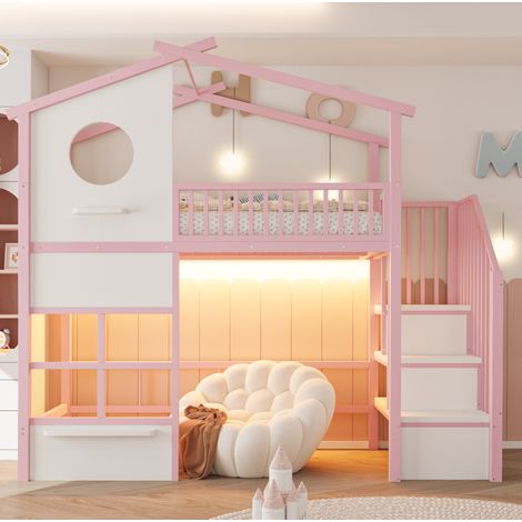 MODFU – Lit mezzanine cabane enfant 90x200 cm métal, contreplaqué et MDF – LED, escalier de rangement et barrières – Charge 120 kg, 3 colis – Chambre – Rose et blanc (1/5)
