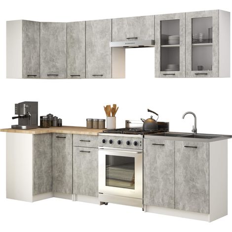 Küchenmöbel-Set OLIWIA 3.0m Modulares Weiß 300 cm 11 Türen 1 Schublade Front Beton B300xH203xT46 cm (1/5)