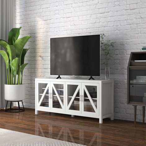 Meuble TV pour salon, compatible avec les téléviseurs jusqu'à 58 pouces (147 cm), avec 4 portes vitrées et étagères réglables, 130 x 35 x 60 cm, blanc (1/5)