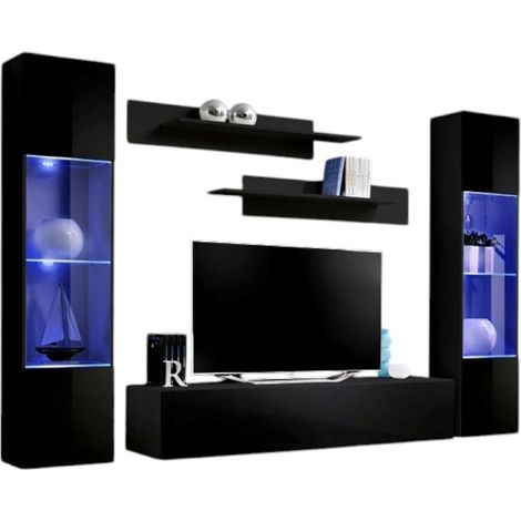 Mobile TV FLY A3 design, colore nero lucido + LED. Mobile sospeso moderno e alla moda per il tuo soggiorno.