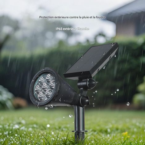 lampe solaire spot de jardin a piquet 7 led blanc chaud 2 niveaux de luminosite panneau solaire gouttelette etanche ip65 pour pelouse exterieur 205x120 mm (1/4)