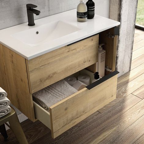 Meuble de salle de bain 80cm vasque déportée - 2 tiroirs - sans miroir - roble (chêne clair) - KING — vue 2