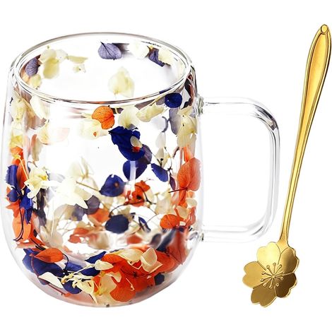 Tasses à café en verre à fleurs séchées Tasses à café en verre à double paroi Verres résistants à la chaleur pour boire du café (bleu jaune) (1/5)