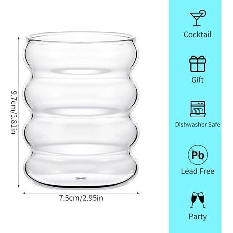 Set mit 2 wellenförmigen Trinkgläsern im Vintage-Stil, gerippte Gläser, für Wasser, Kaffee, Getränke, Wein, Cocktails, Whisky, Bier (1/4)