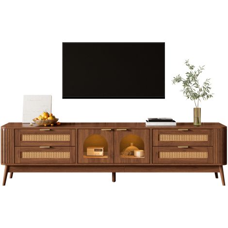 Mobile TV con ante curve in vetro di sicurezza a pannello singolo, credenza con illuminazione a LED controllabile tramite app, mobile contenitore per soggiorno in truciolato con gambe in legno massell (1/5)