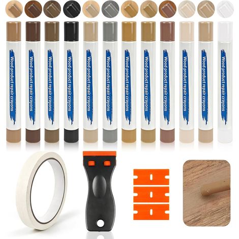 Kit de réparation de stratifié - 12 couleurs - Kit de réparation de cire dure avec grattoir, mastic pour bois, carrelage, parquet, stratifié, vinyle, stylo de réparation du bois des trous, des rayures (1/5)
