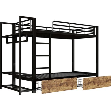 Letto a castello 90 x 200 cm in metallo e MDF nero con LED, 2 cassetti e vani (1/5)