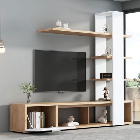 Mobile TV - 1 porta - Bianco e legno - Per televisori fino a 60 pollici - 180 x 33,5 x 151,5 cm (1/5)