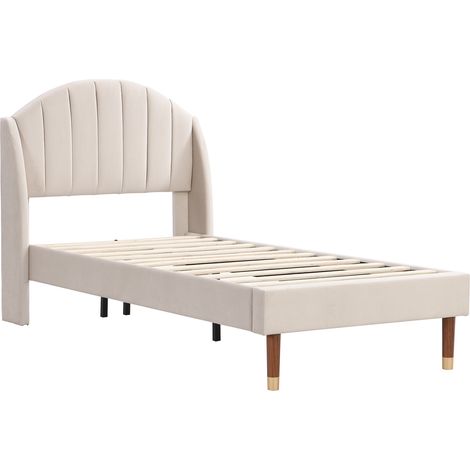Cama capitoné 90 x 200 cm de terciopelo beige con somier de lamas y cabecero, MODENUIT (1/5)