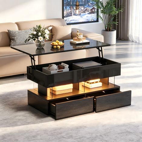 Modernluxe - Table basse relevable 100 x 50 x 46 cm - avec éclairage LED - 2 tiroirs - Finition laquée brillante - MDF - Noir (1/5)