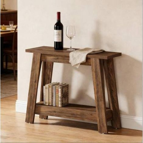 Console d’entrée 105x30x80 cm en bois marron, avec rangement, style rustique FloraGrace (1/5)