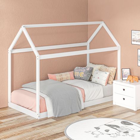Single Bed Frame, House Scandinavian Style Wooden Bed Frame for 90W x 190Dcm Mattress, Pine Wood Bed Base, White (1/5)