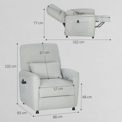 Sillón eléctrico de relajación con masaje y calor, silencioso, reclinable 150°, de chenilla con cojín, función de memoria, 2 mandos a distancia, reposapiés, ideal para salón u oficina, color gris clar (1/5)