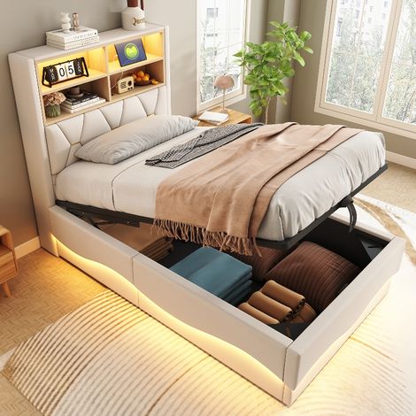 Kinderbett 90x200 cm mit hydraulischem Stauraum und LED-Beleuchtung, Polsterbett aus Leinenstoff mit USB-Anschluss und Bettkasten, Beige (1/5)