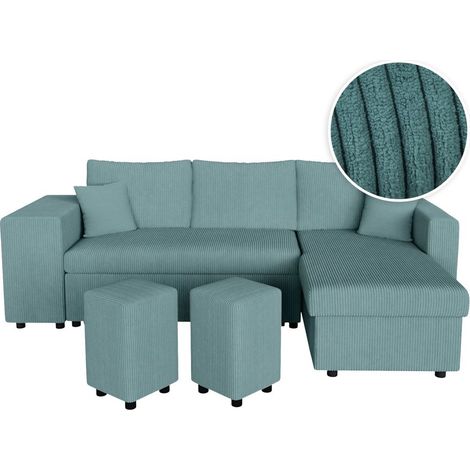 Canapé d'angle réversible convertible OSLO avec coffre, 2 poufs à gauche en velours côtelé bleu (1/5)